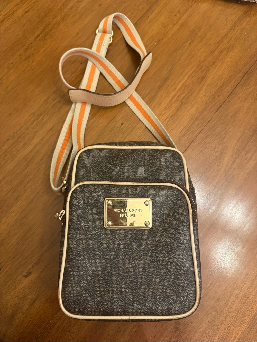 Michael Kors Brown Messenger Bag with Orange-Striped Strap